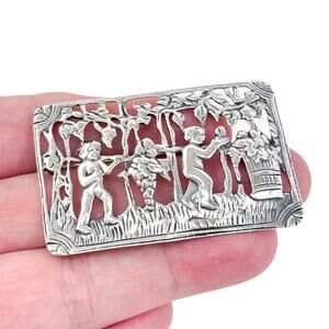 Vintage Sterling Silver 925 Wine Grapes Vineyard Workers Harvest Brooch Pin